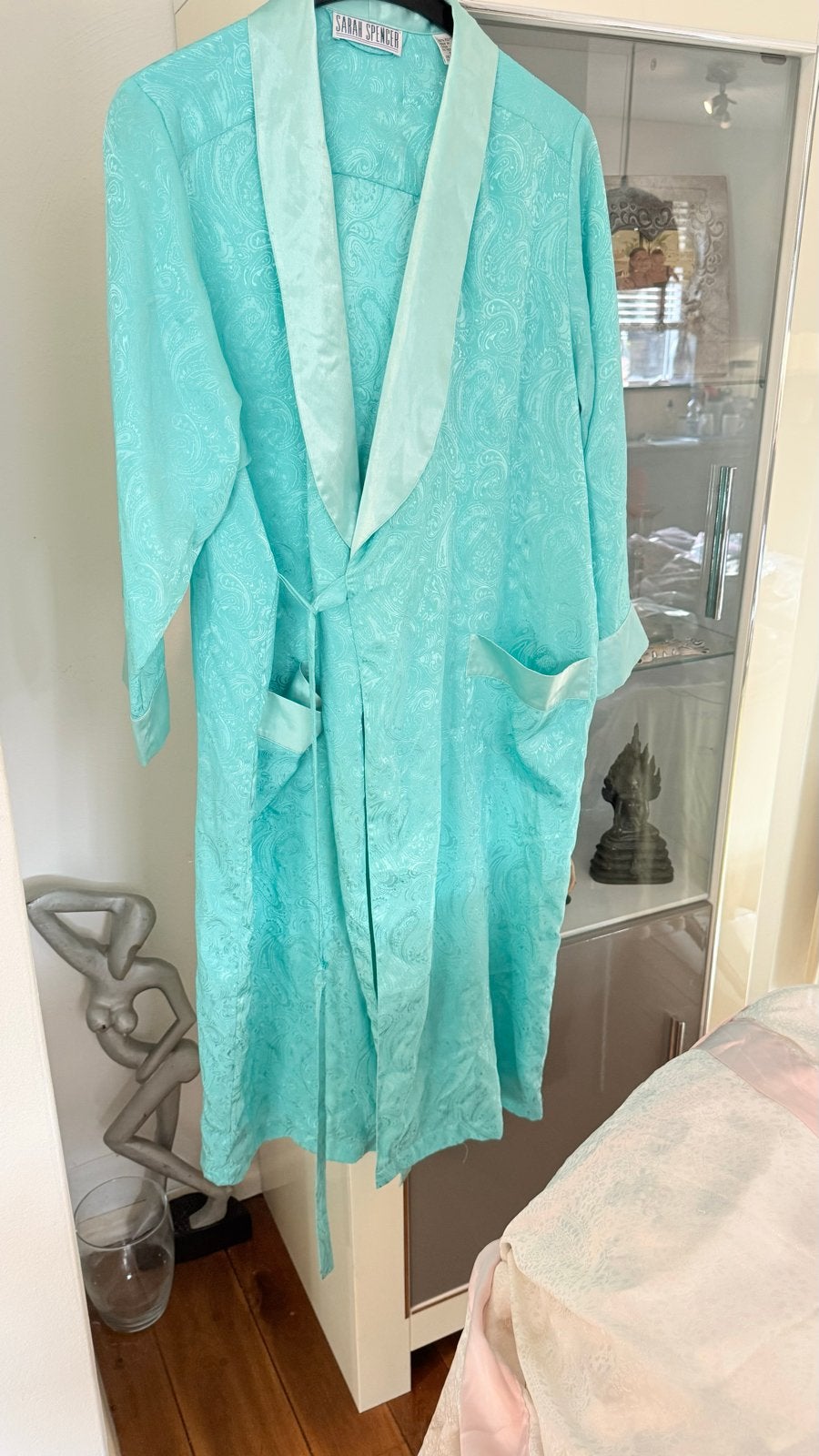 Sarah Spencer ochtendjas - turquoise met paisley mt L, Ophalen of Verzenden, Gedragen