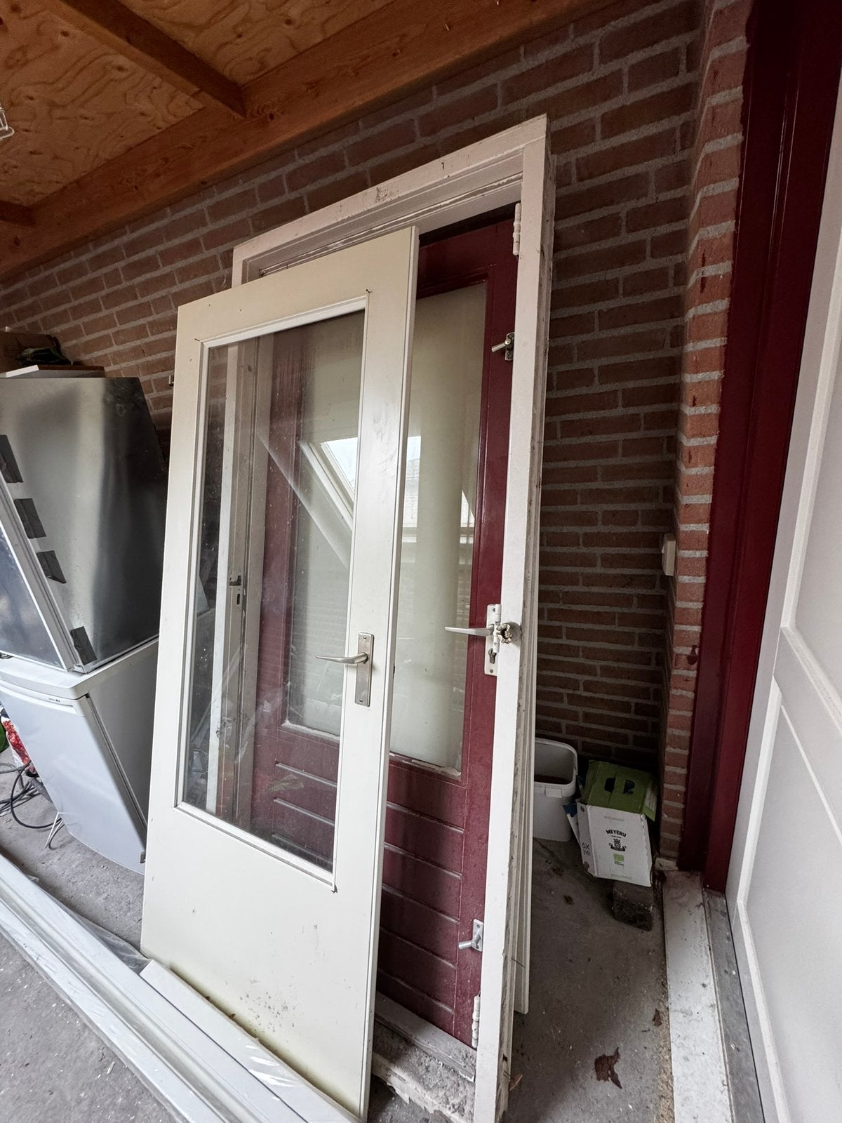 Houten Buitendeur met kozijn en binnendeur, Doe-het-zelf en Verbouw, Gebruikt, Deurkozijn, 150 tot 225 cm, Inclusief glas