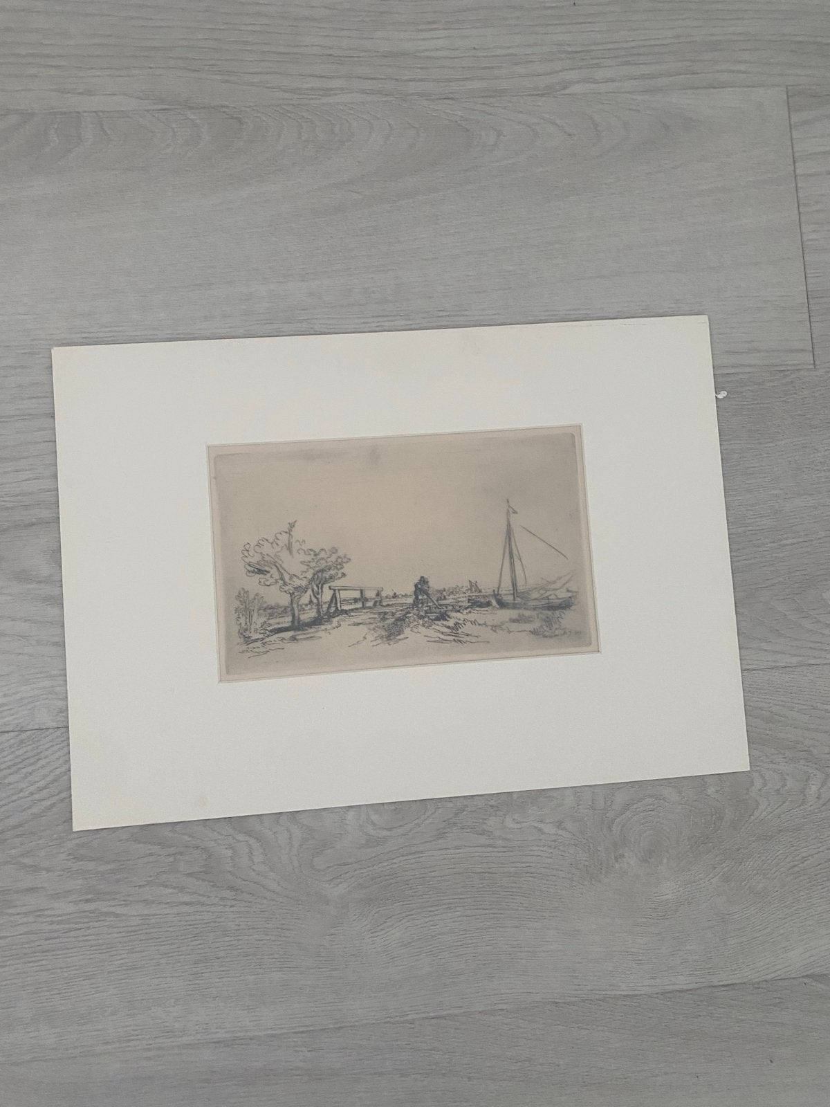 Antieke Etsen. Hollands Landschap met Molen en Boot, 1800 - 1899, Ets, Ophalen of Verzenden, Origineel