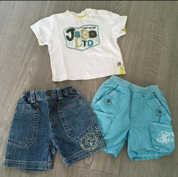 Just Small : Zomer setje 2 x kort broekje 1 shirt , mt 74, Kinderen en Baby's, Babykleding | Maat 74, Gebruikt, Ophalen of Verzenden