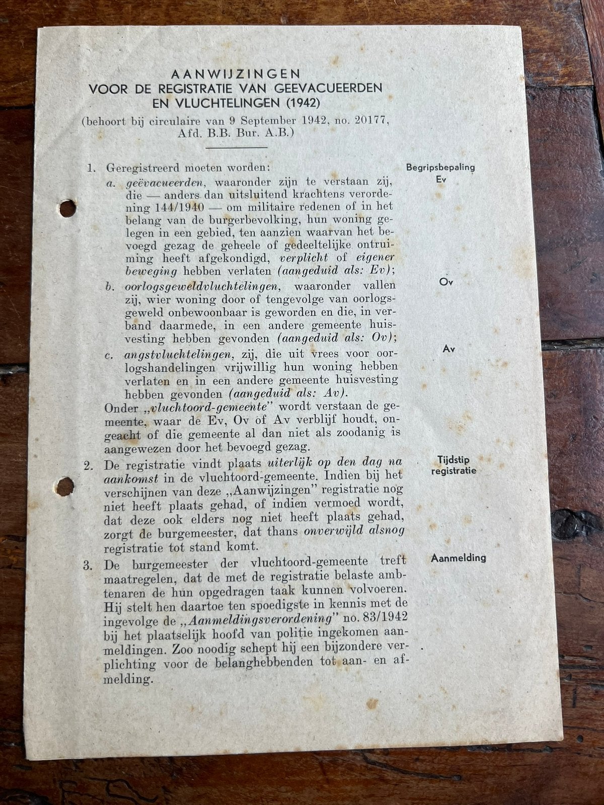 Aanwijzingen Registratie vluchtingen evacuatie oorlog 1942, Verzamelen, Verzenden, Nederland, Boek of Tijdschrift