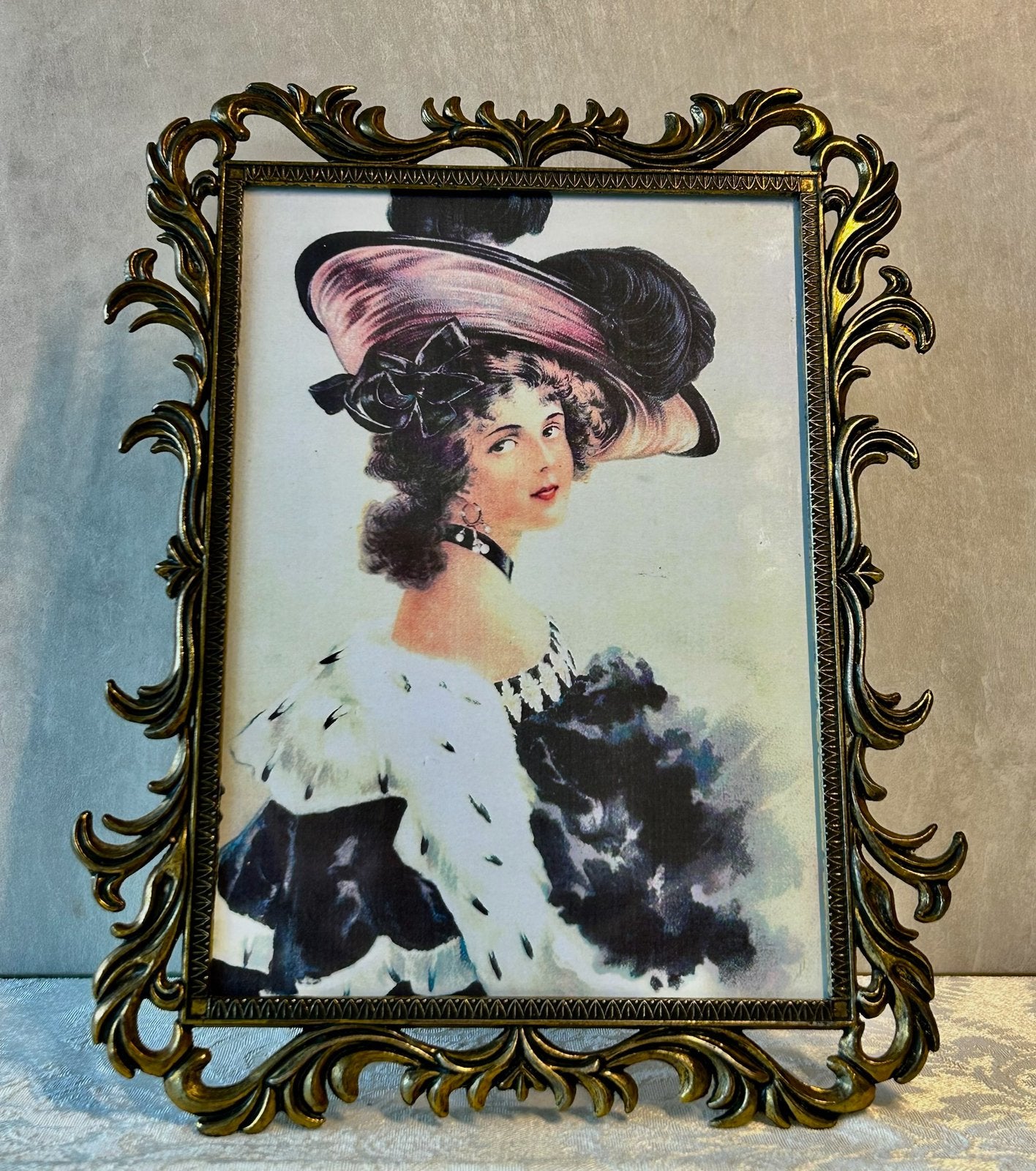 Messing fotolijst met prent, Ophalen of Verzenden