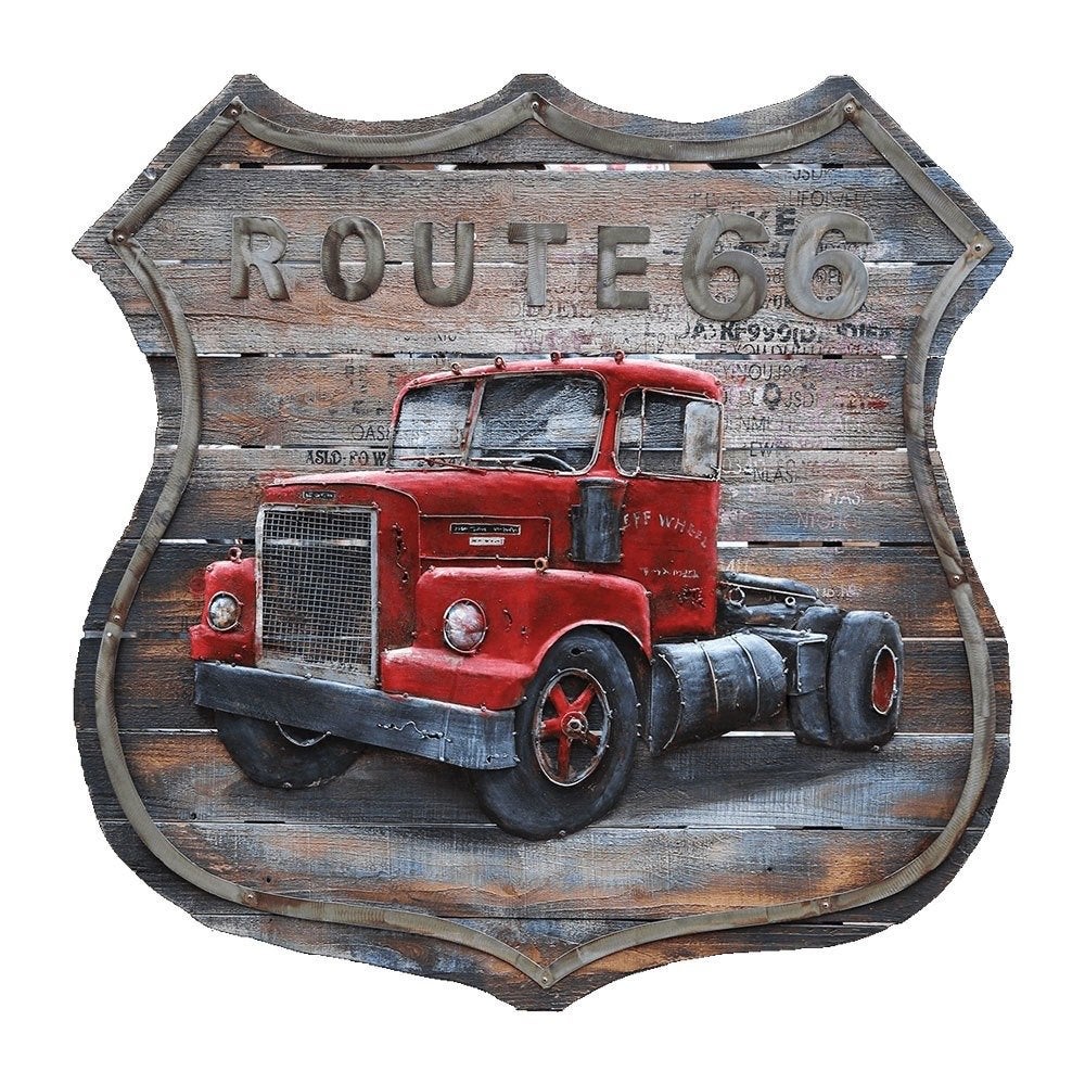 3D Schilderij Route 66 Rood met Vintage Truck, Huis en Inrichting, Ophalen, Hout, Meerkleurig, Vintage