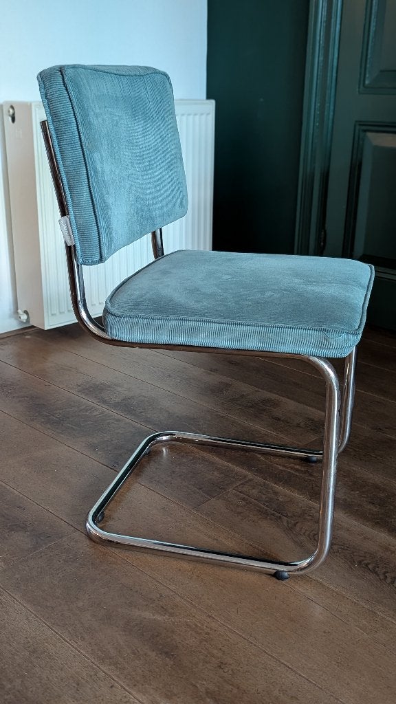 Prachtige set: 7 Zuiver Ridge Rib stoelen, Blauw ribfluweel, Huis en Inrichting, Stoelen, Ophalen, Gebruikt, Blauw, Metaal