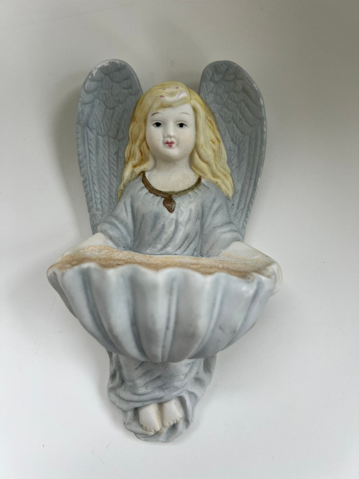 Vintage wijwater vaatje engel biscuit porselein, Ophalen of Verzenden, Zo goed als nieuw, Beeld(je)
