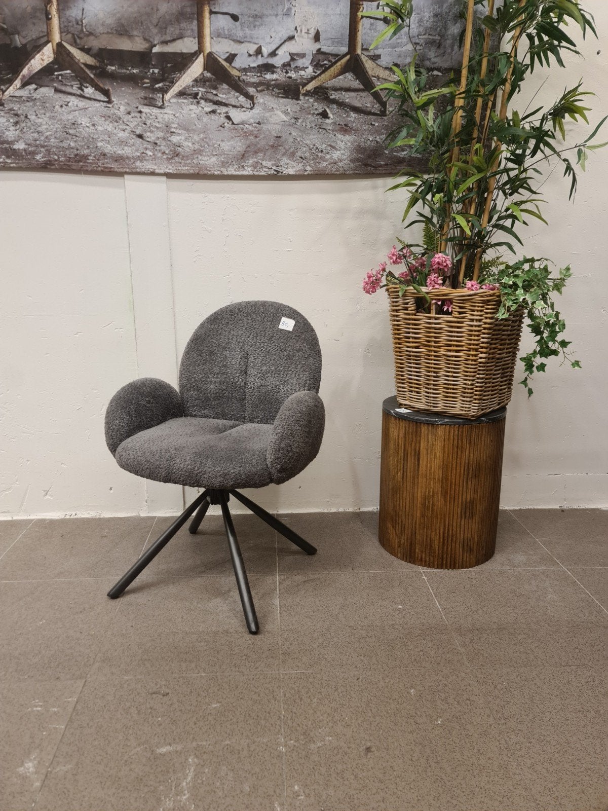 Nieuwe eetkamerstoel draaibaar grijs soft boucle teddystof, Huis en Inrichting, Ophalen, Industrieel landelijk barok brocante koloniaal boheems vintage