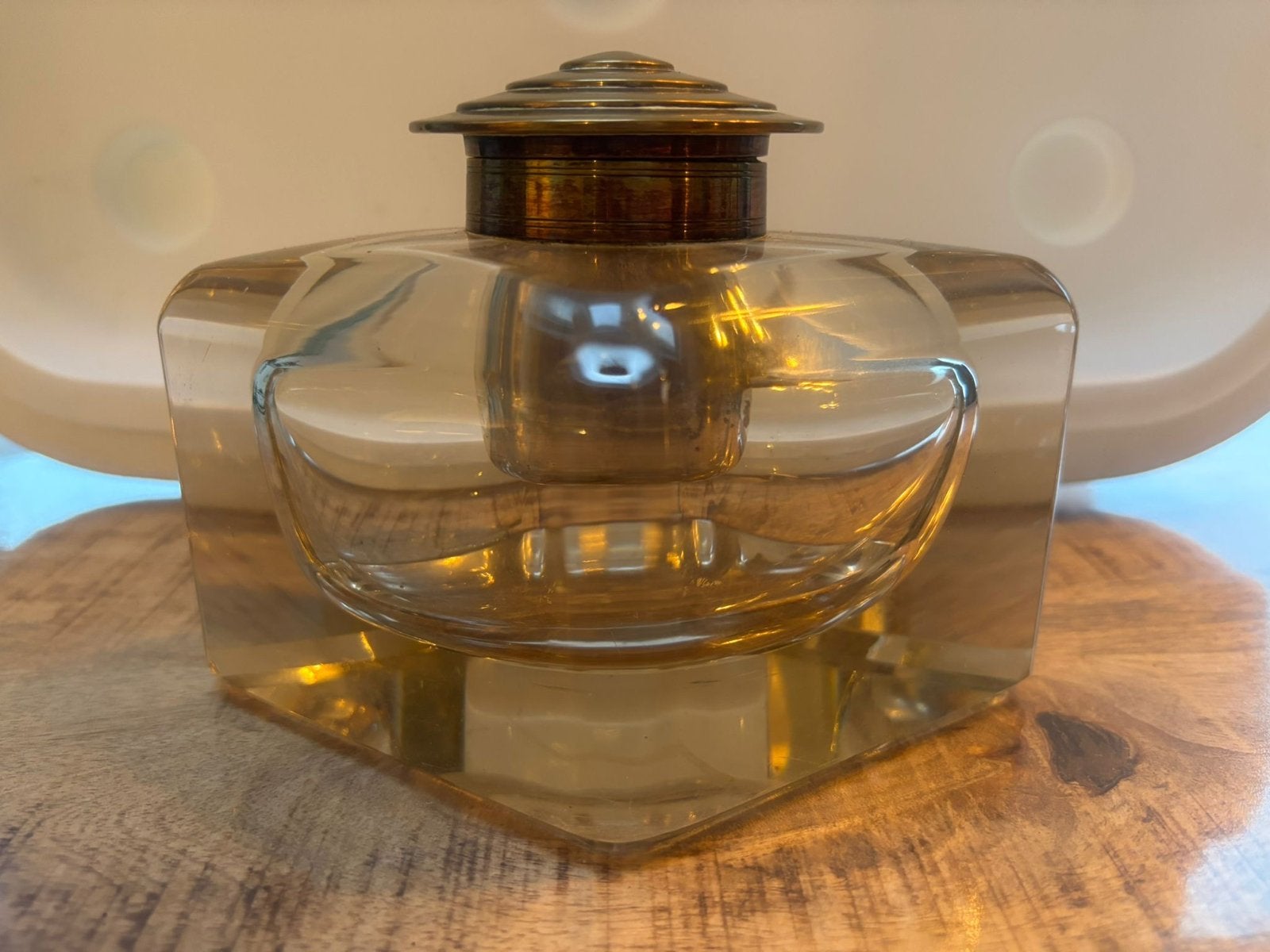 Antieke glazen inktpot met bronzen deksel, Ophalen of Verzenden