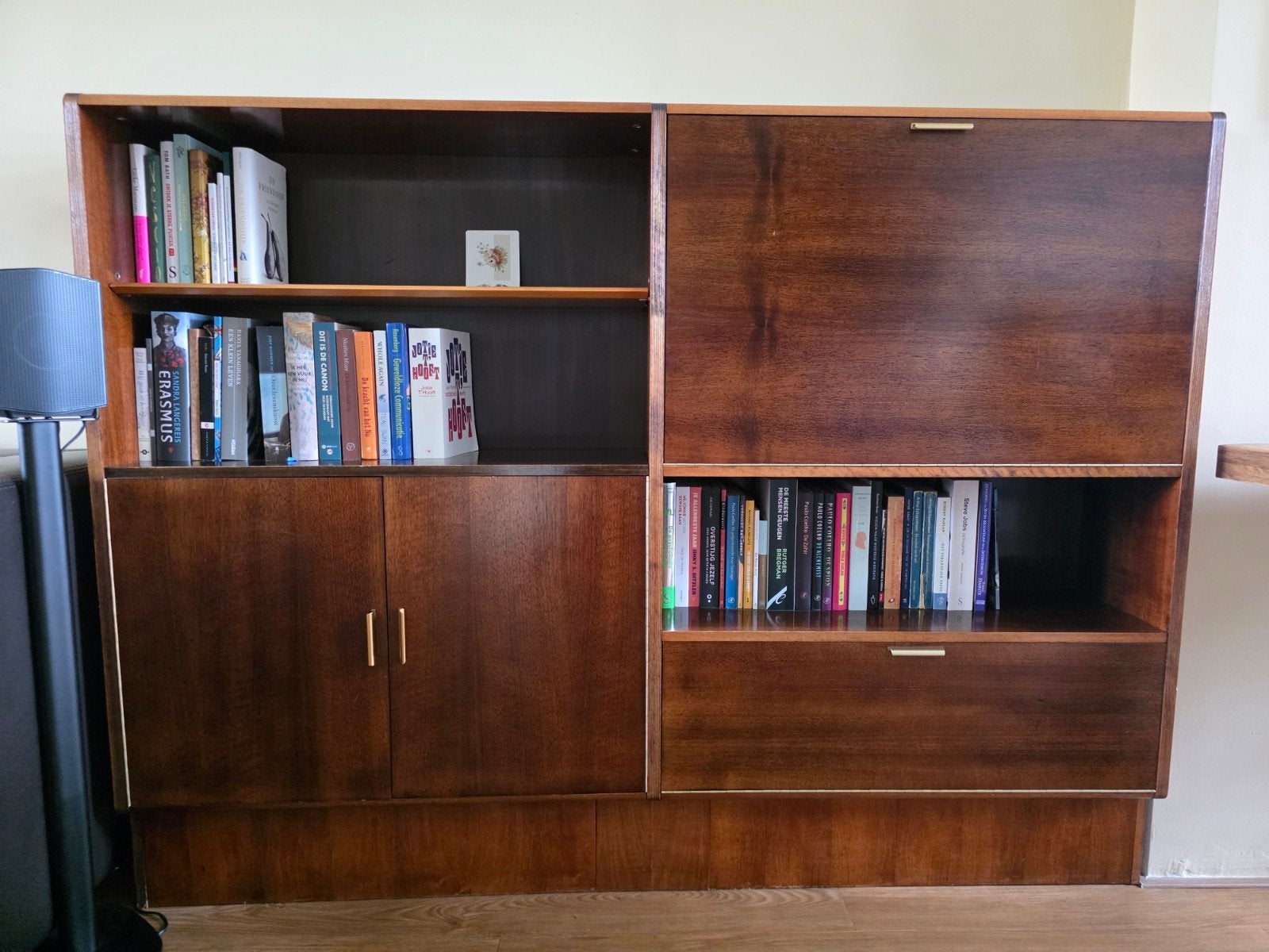 Vintage design secretaire met uitklapbaar bureau teak, Ophalen, Gebruikt, Met deur(en), 100 tot 150 cm