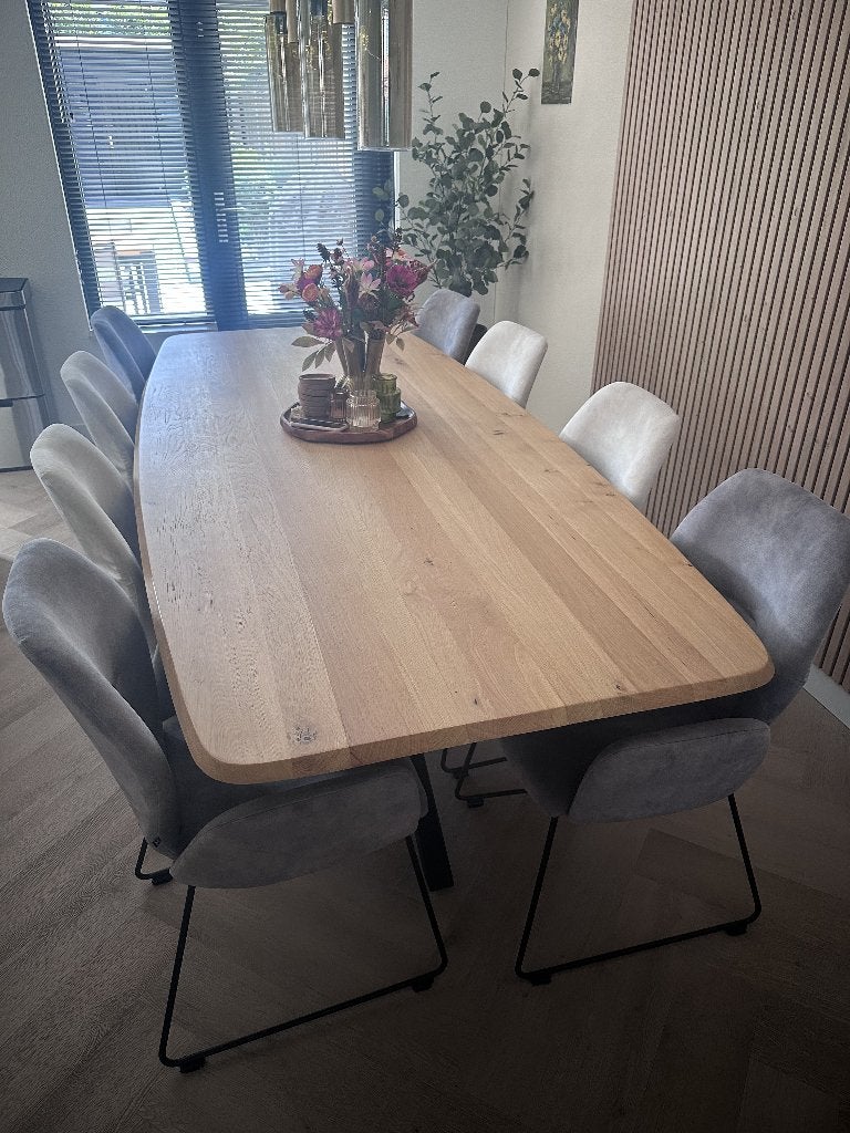 Eettafel eiken 110x250 Eierkamp + 8 stoelen velours Goossens, Ophalen, 100 tot 150 cm, 200 cm of meer, Zo goed als nieuw