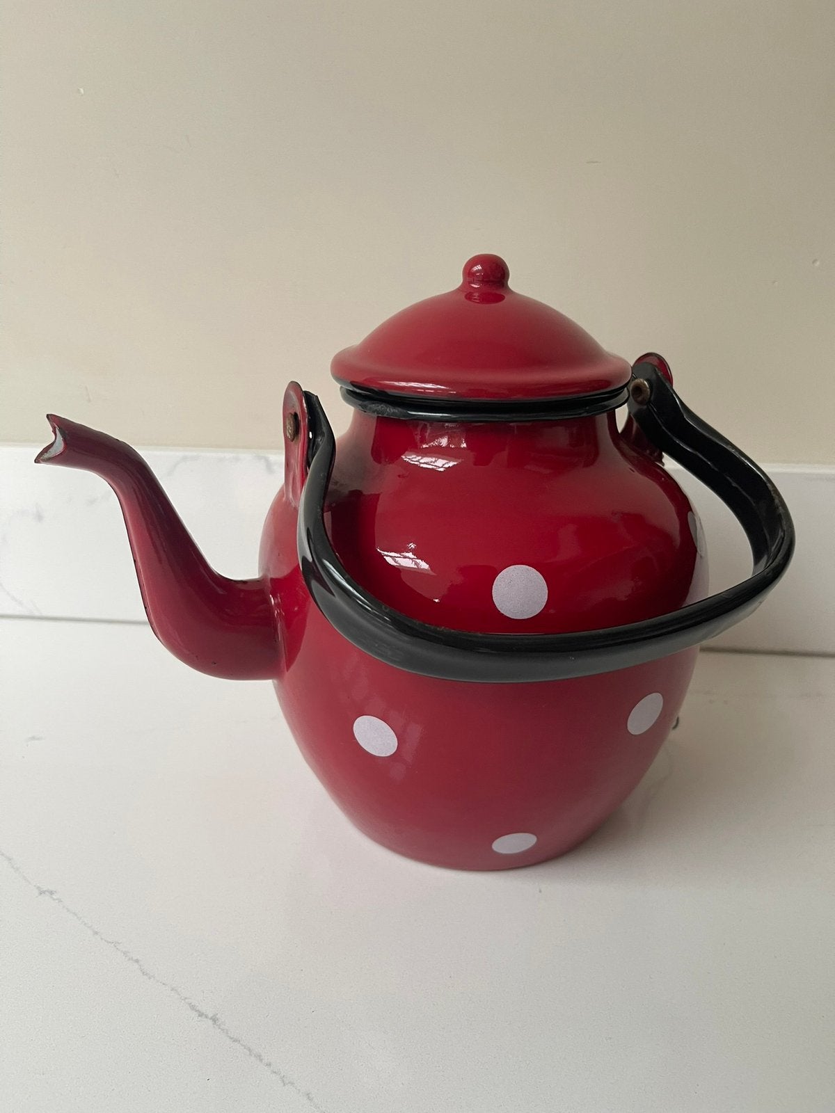 Emaille rood wit polkadot theepot vintage, Ophalen of Verzenden