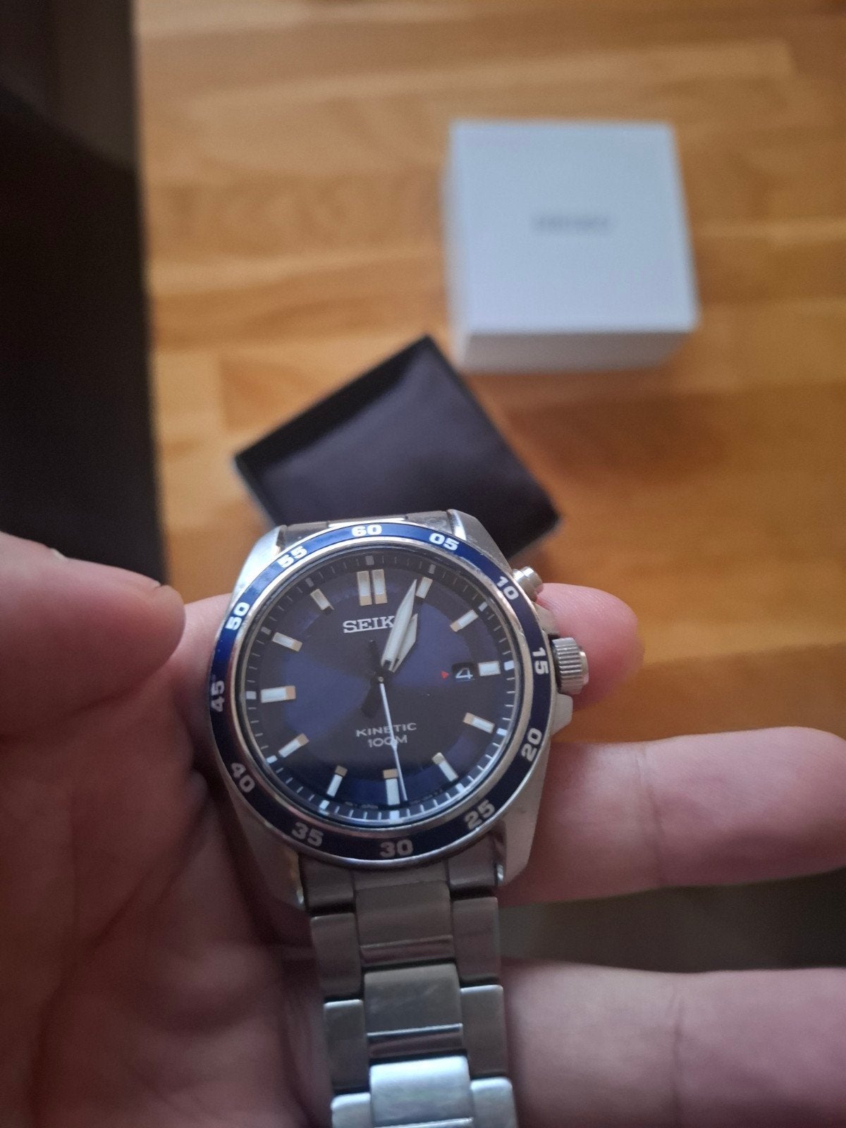Seiko Kinetic 100m Polshorloge met Originele Doos, Staal, Polshorloge, Ophalen of Verzenden, Zo goed als nieuw