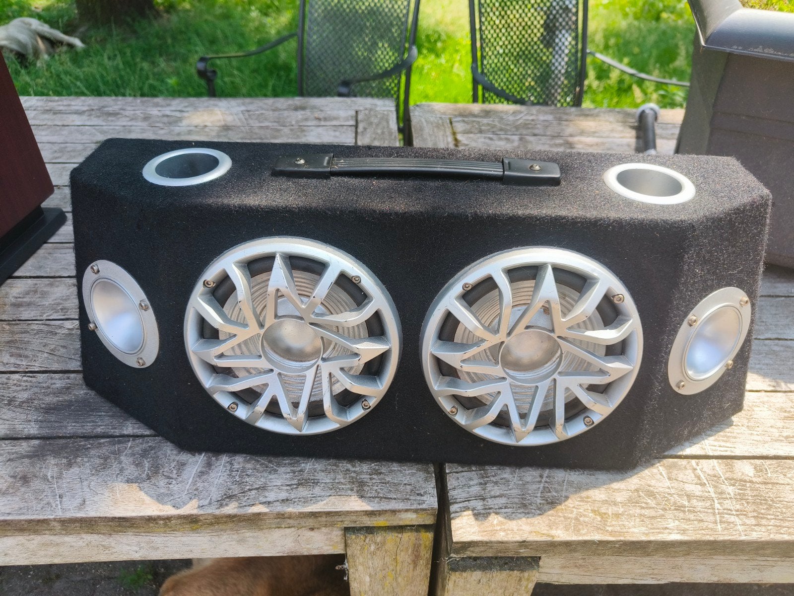 Krachtige Party Speaker met Dubbele Woofers en Bekerhouders, Gebruikt, Party speaker, 60 tot 120 watt, Ophalen