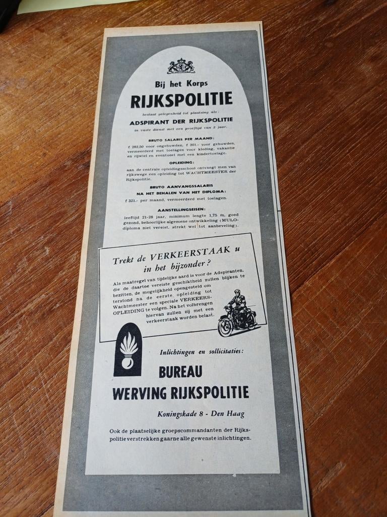 Advertentie van de Rijkspolitie 1956, Ophalen of Verzenden, Landmacht, Nederland, Foto of Poster