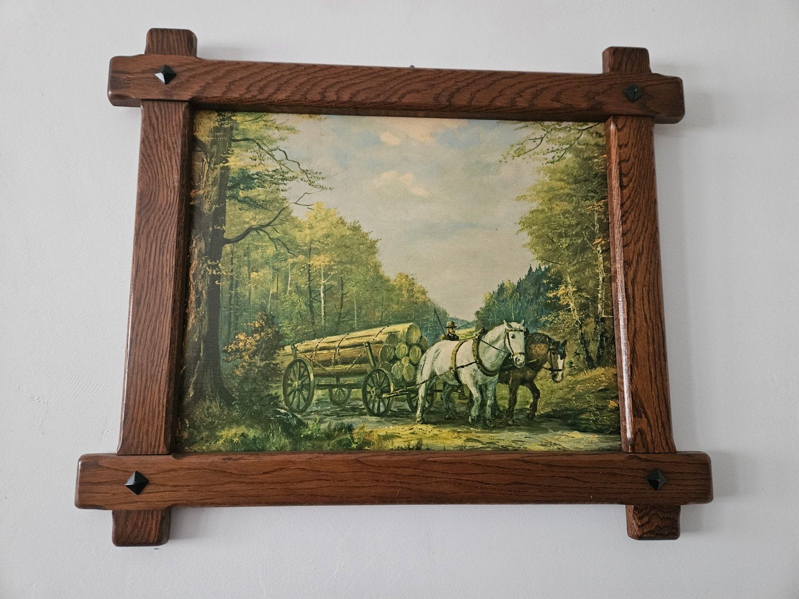 Klassiek schilderij: Paarden trekken boomstammen, Ophalen of Verzenden, Landschap, Klassiek, Print