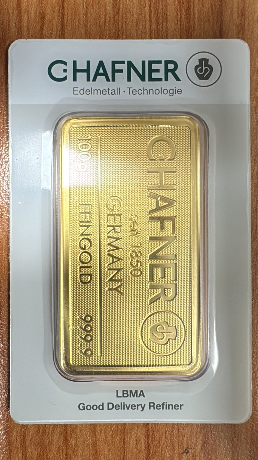 Spot +1% 100 gram goudbaar C. Hafner met certificaat, Ophalen of Verzenden, Goud