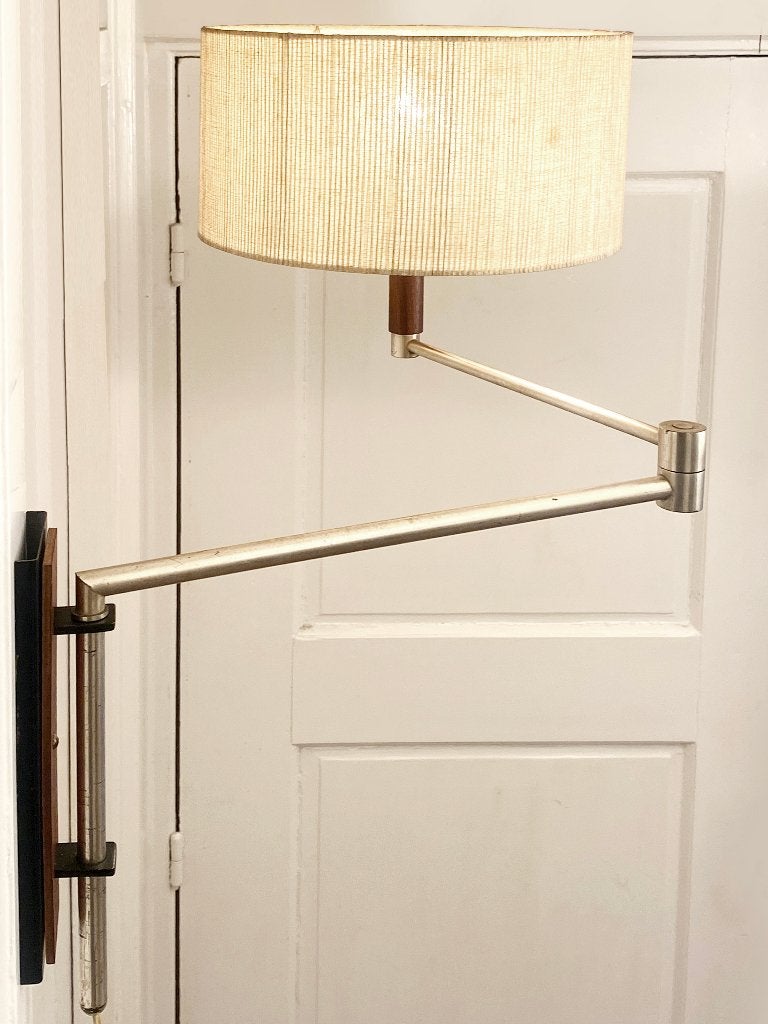 Vintage Mid-Century zwenkarm wandlamp/teak/verguld, Ophalen, Bruin, E27 (groot), Wandlamp