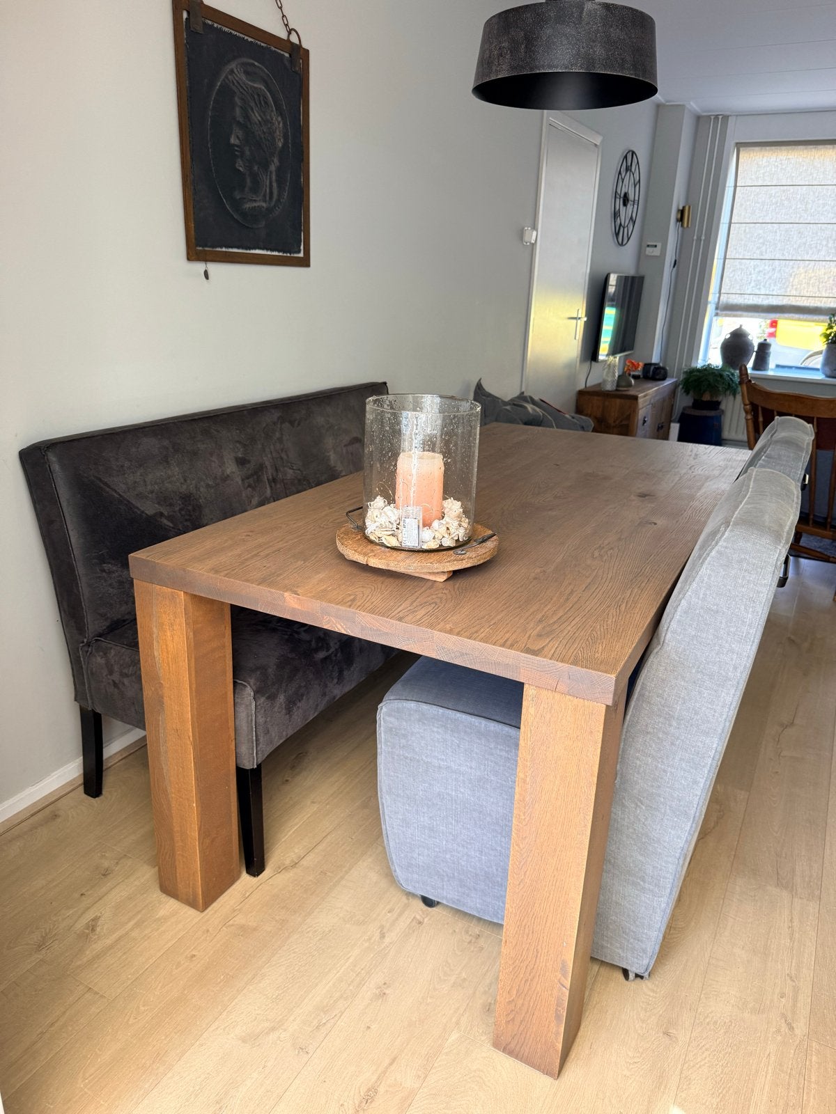 Eetkamertafel met stoelen en bank stoer en sober interieur, Ophalen, 50 tot 100 cm, Zo goed als nieuw, Vijf personen of meer