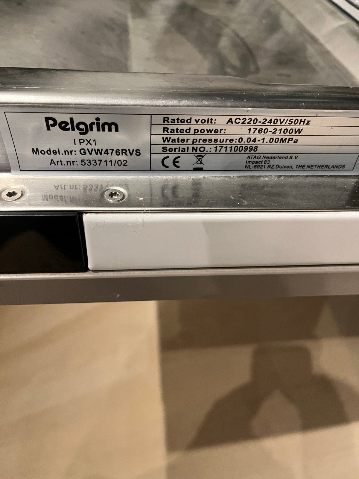 Pelgrim GVW476RVS Inbouw Vaatwasser, Ophalen, Gebruikt, 60 cm of meer, Eco programma