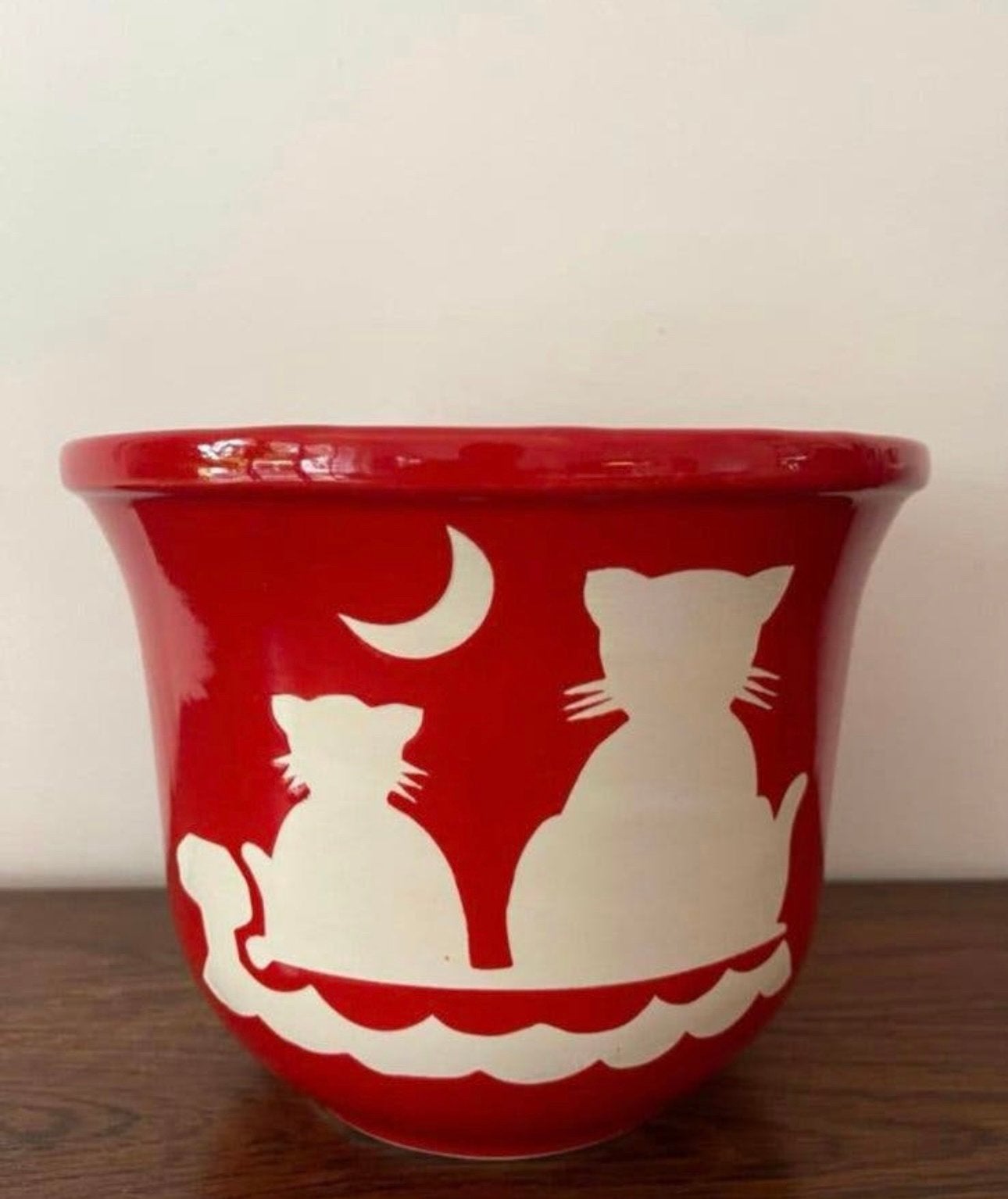 Bloempot jaren 80 Vintage Katten Poezen Rood Wit, Rond, Ophalen of Verzenden, Zo goed als nieuw, X