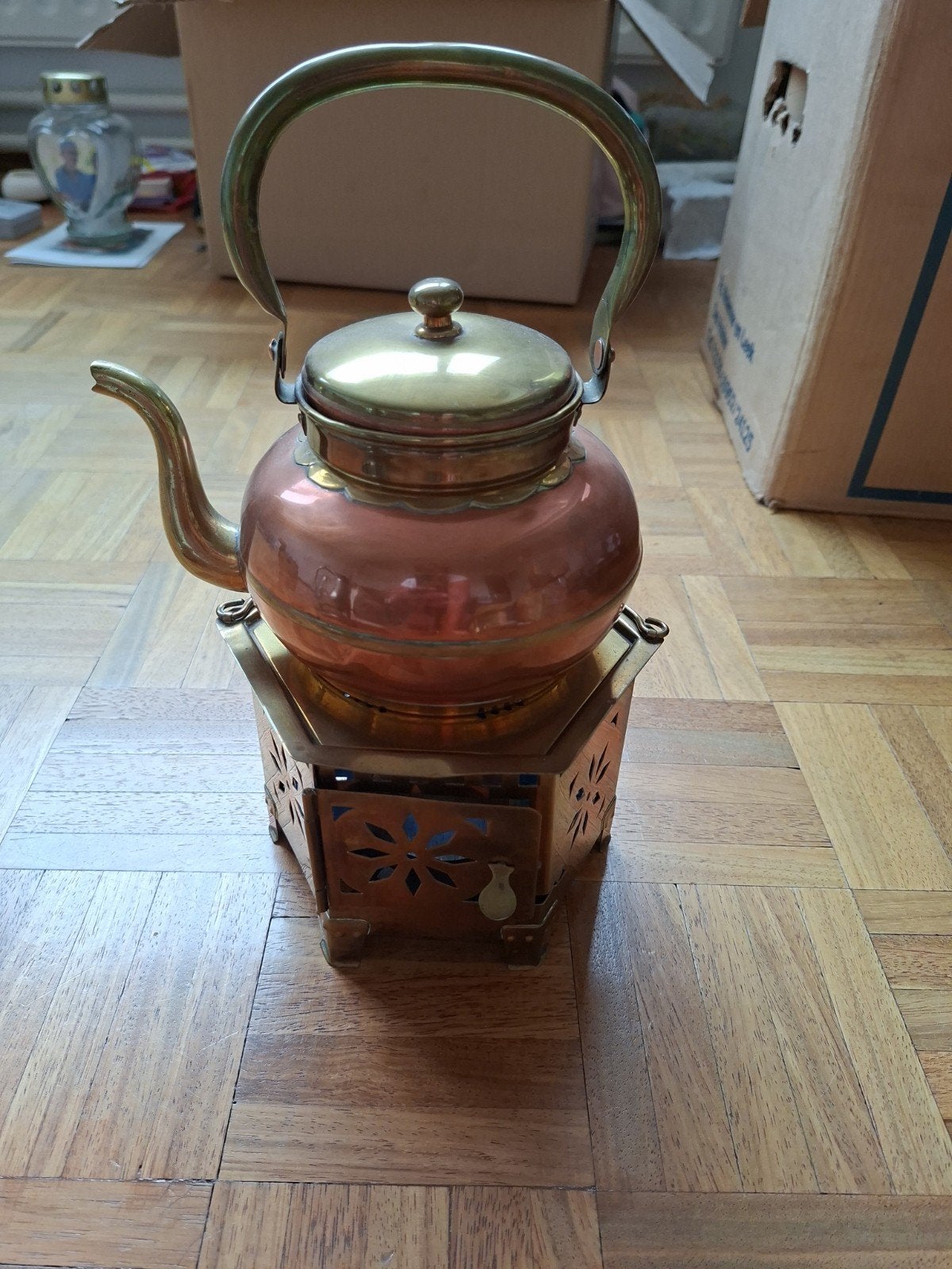Koperen theepotje met zeshoekig rechaud, Antiek en Kunst, Ophalen of Verzenden