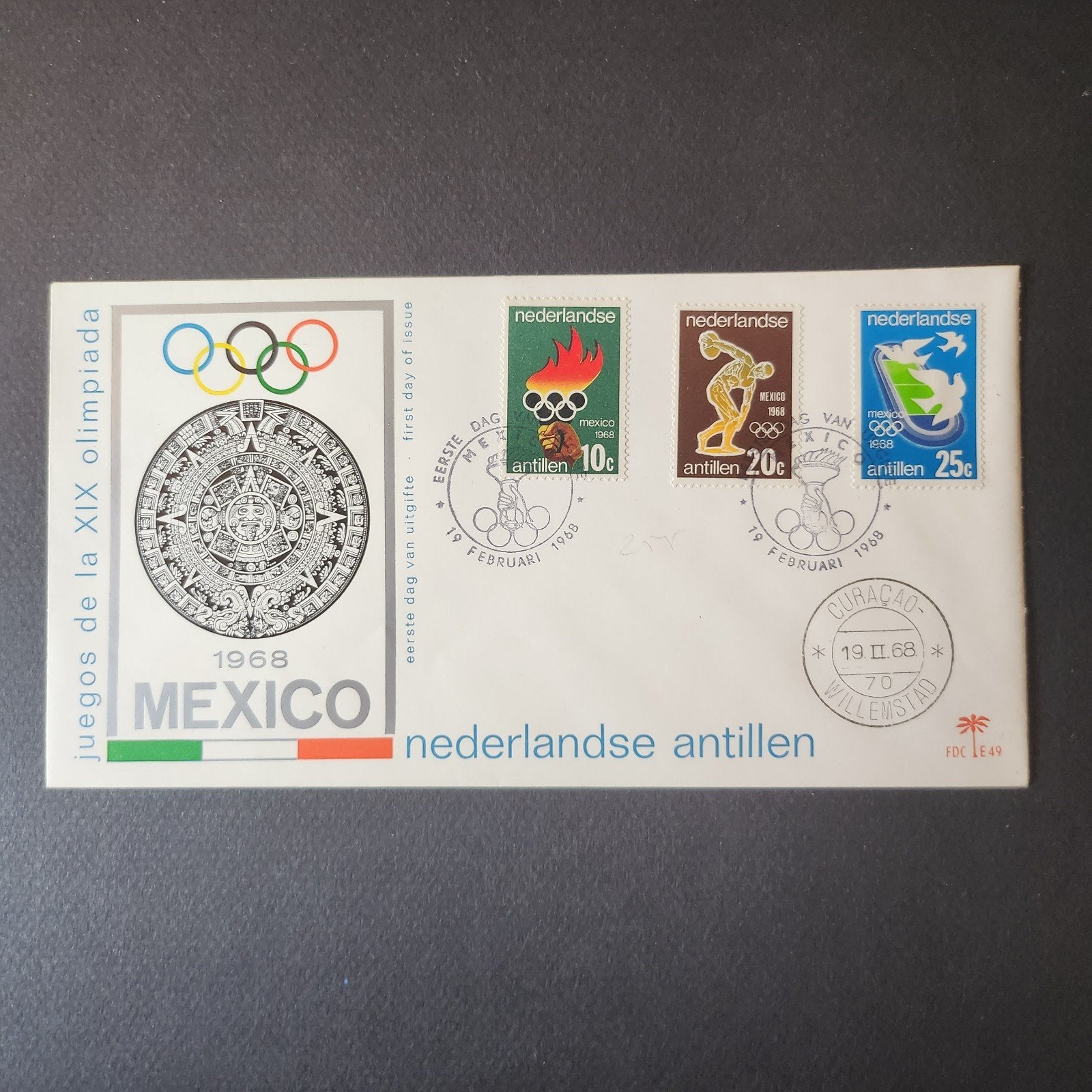 FDC Mexico Olympische Spelen 1968 - Nederlandse Antillen, Postzegels en Munten, Postzegels | Eerstedagenveloppen, Verzenden, Onbeschreven