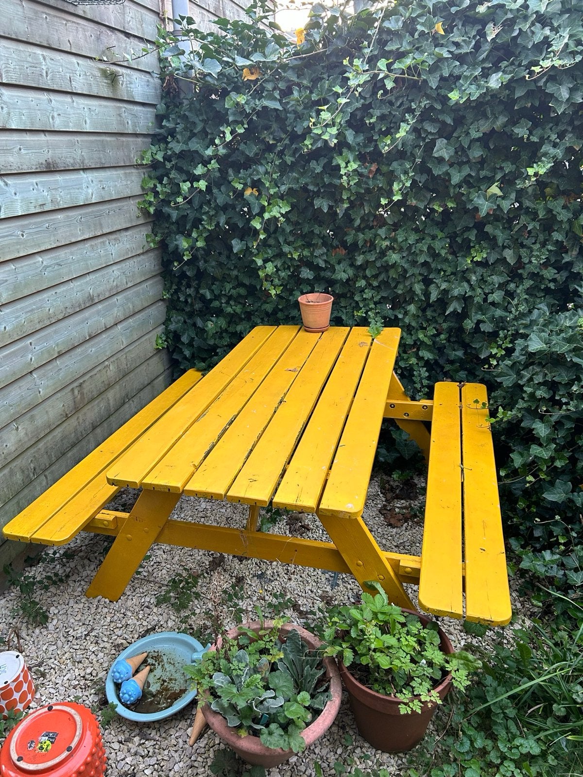 Gele houten picknicktafel, Ophalen, Gebruikt, Rechthoekig, Hout