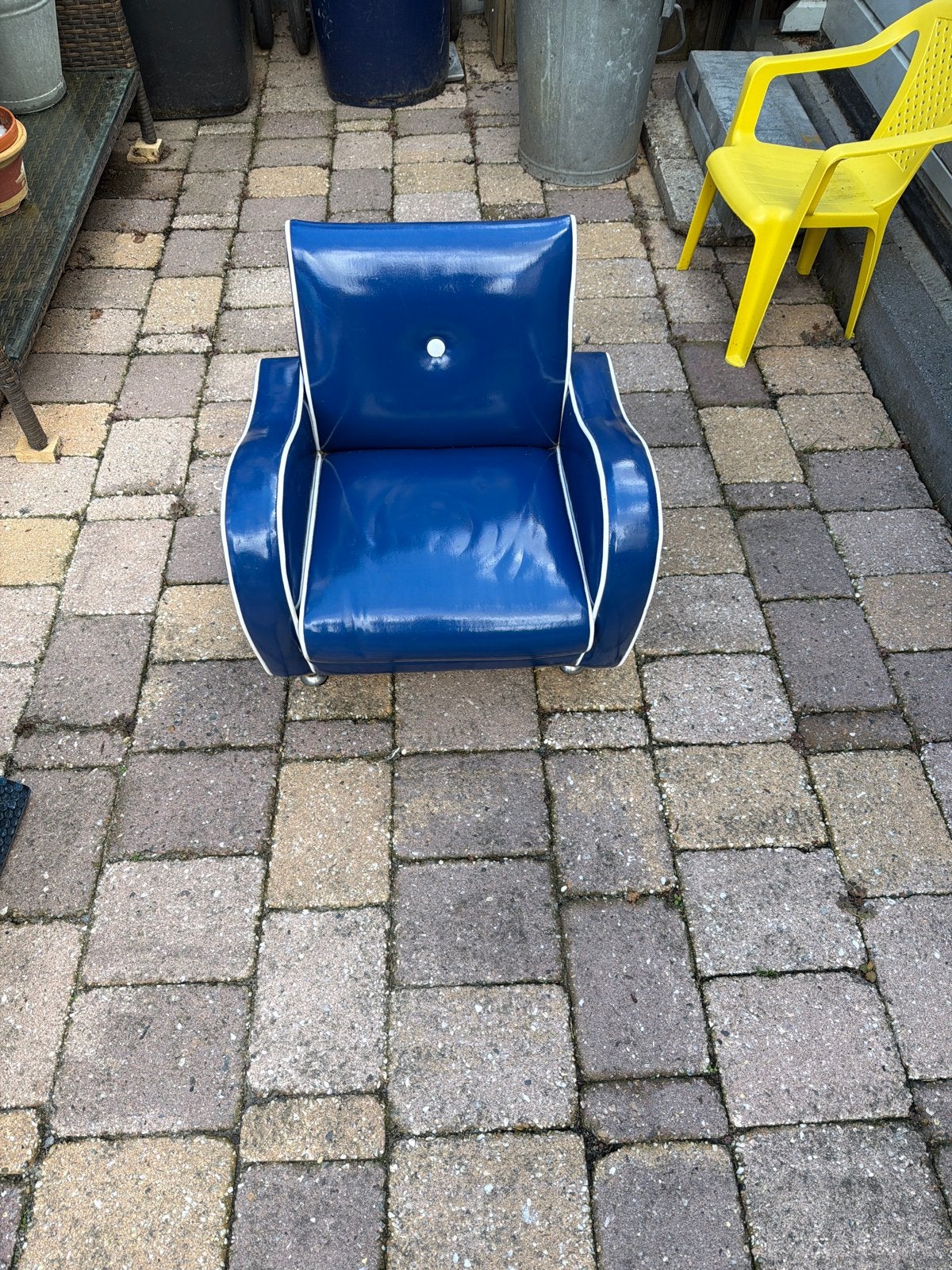 Kinder Vintage blauwe fauteuil met witte bies, Ophalen, Kunststof, Gebruikt, Blauw