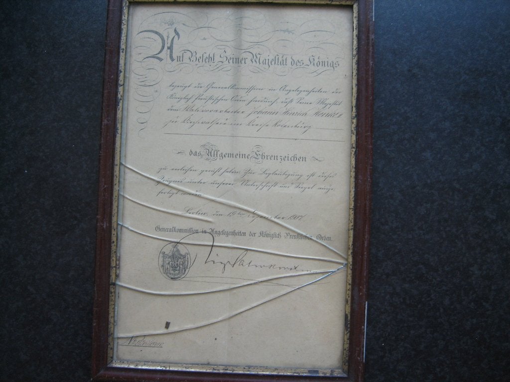 PRUISSEN Oorkonde bij uitreiken Ereteken op bevel Koning1907, Ophalen, Voor 1920, Duitsland