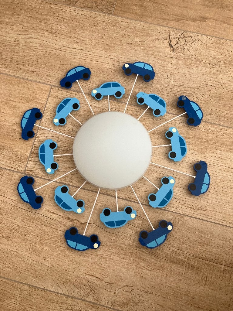 Lamp babykamer auto's blauw, Ophalen, Baby of kinderkamer., E27 (groot), Zo goed als nieuw
