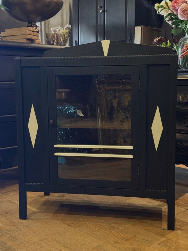 Antiek theekastje, vintage kastje, oud vitrinekastje VdlM, Huis en Inrichting, Ophalen, Eikenhout, 50 tot 100 cm, Zo goed als nieuw