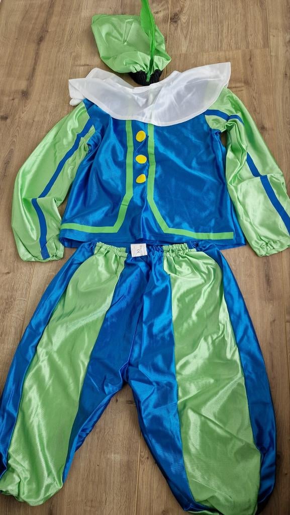 Nieuw Pietenpak Blauw Groen 3-delig, Ophalen of Verzenden, Nieuw, 110 t/m 116, Jongen of Meisje
