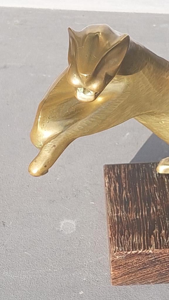 Messing panter sculptuur op houten sokkel, art deco stijl, Antiek en Kunst, Ophalen of Verzenden