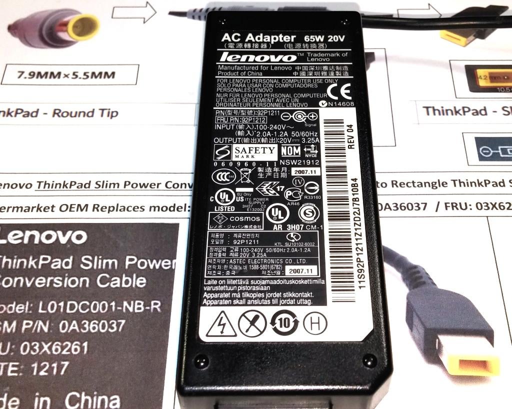Lenovo 20V 3.25A 65W + Square-Pin Adapter Oplader 2.25A 45W, Ophalen of Verzenden, Zo goed als nieuw, Lenovo origineel