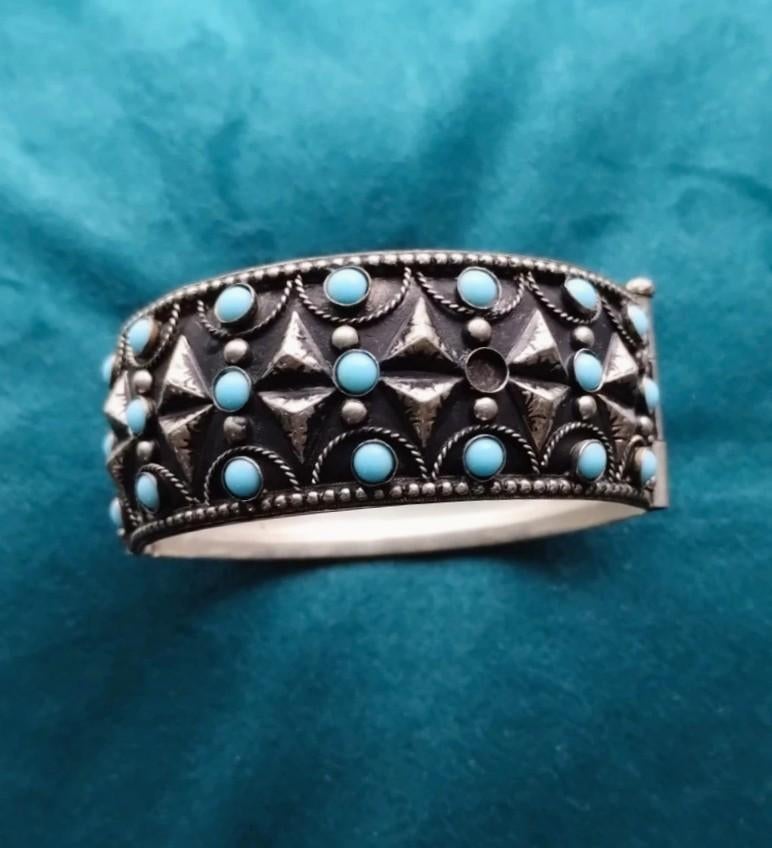 Scharnieren armband turquoise, Sieraden, Tassen en Uiterlijk, Broches, Ophalen of Verzenden, Zilver, Zilver
