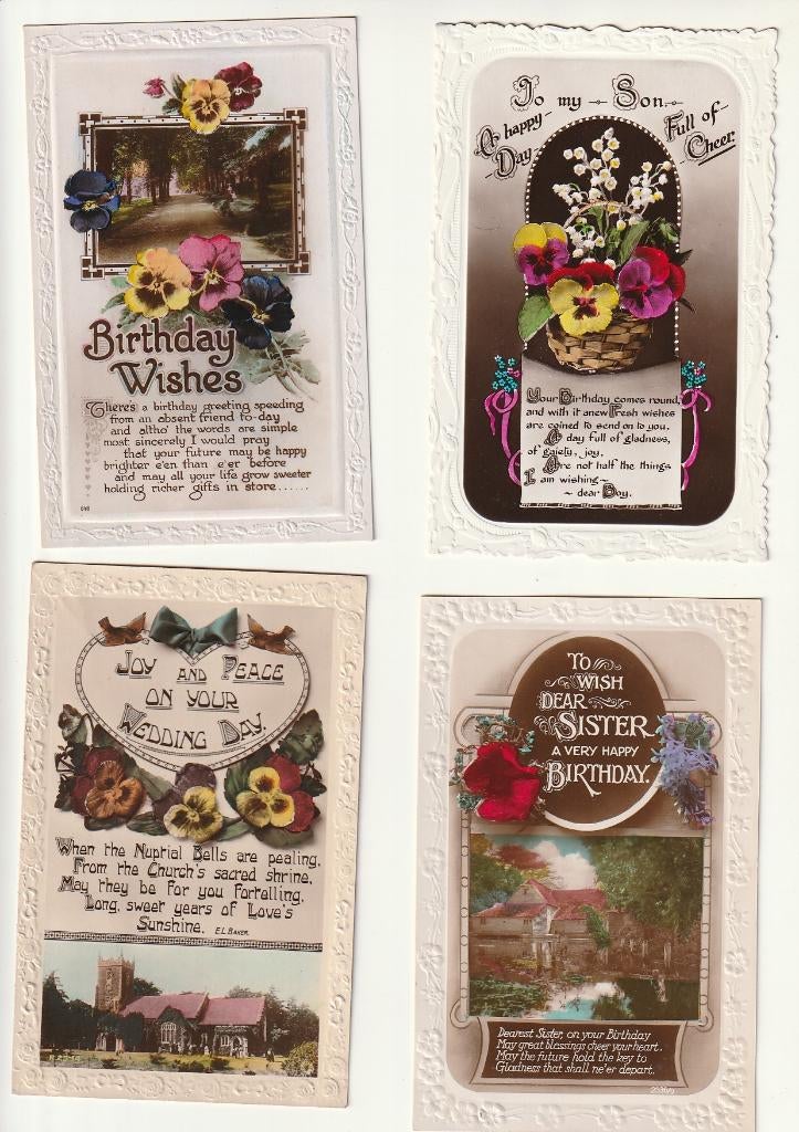 Lot 8 engelse kaarten Birthday wedding bloemen reliëf, Verzenden, Voor 1920, Gelopen, Feest(dag)