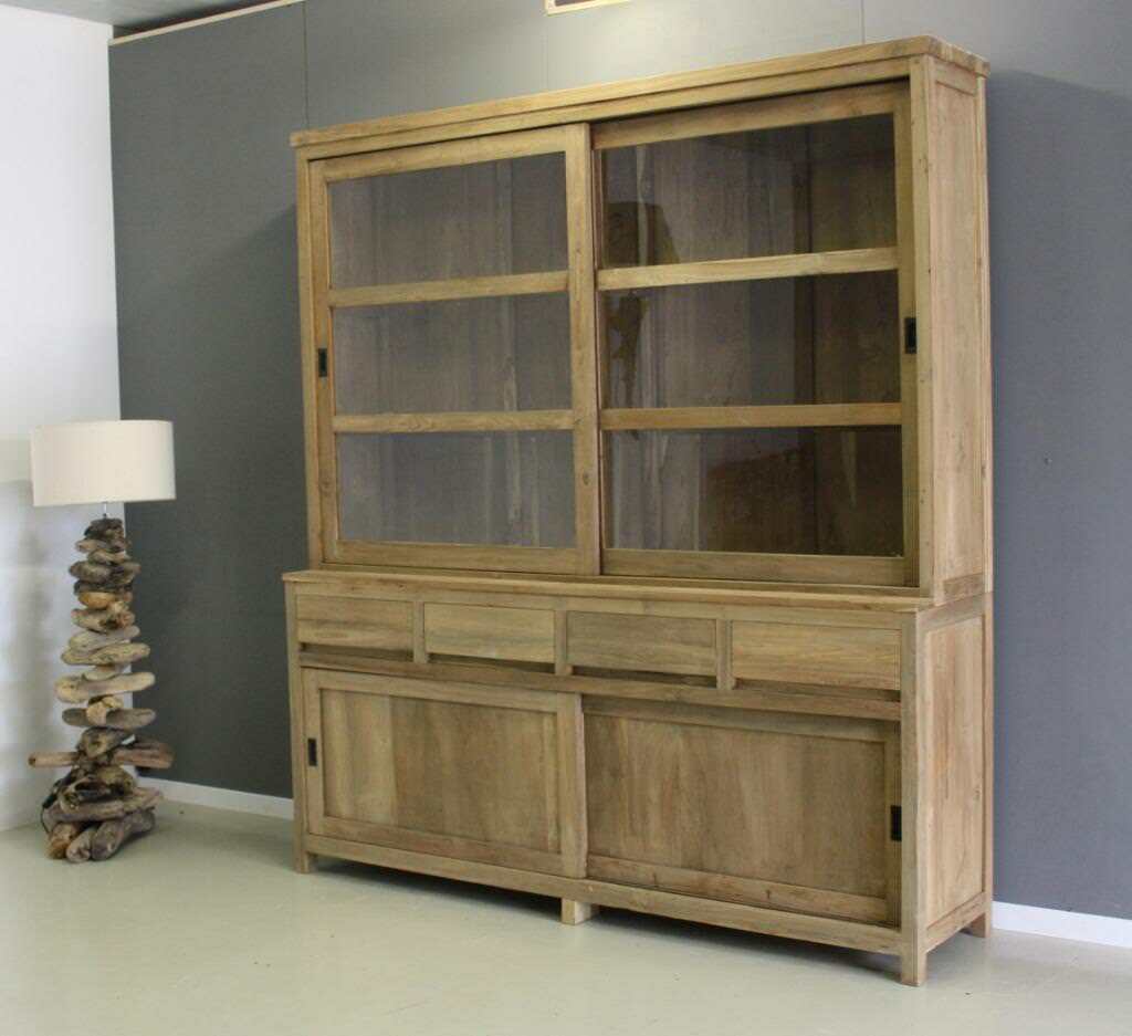 Strak afgewerkte teak kast met schuifdeuren bij indoteak!, Ophalen, Met deur(en), 200 cm of meer, Teakhout
