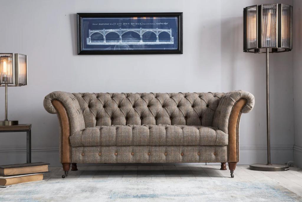NIEUW: Chesterfield banken fauteuils Stof Harris Tweed leer, Ophalen of Verzenden, Nieuw, Rechte bank, Leer
