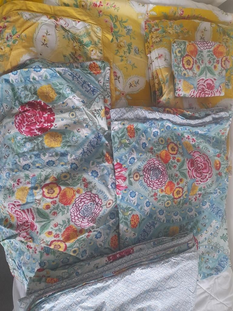 PIP beddengoed 4x  1 pers. Geel gebloemd en blauw, Gebruikt, Blauw, Dekbedovertrek, Tweepersoons
