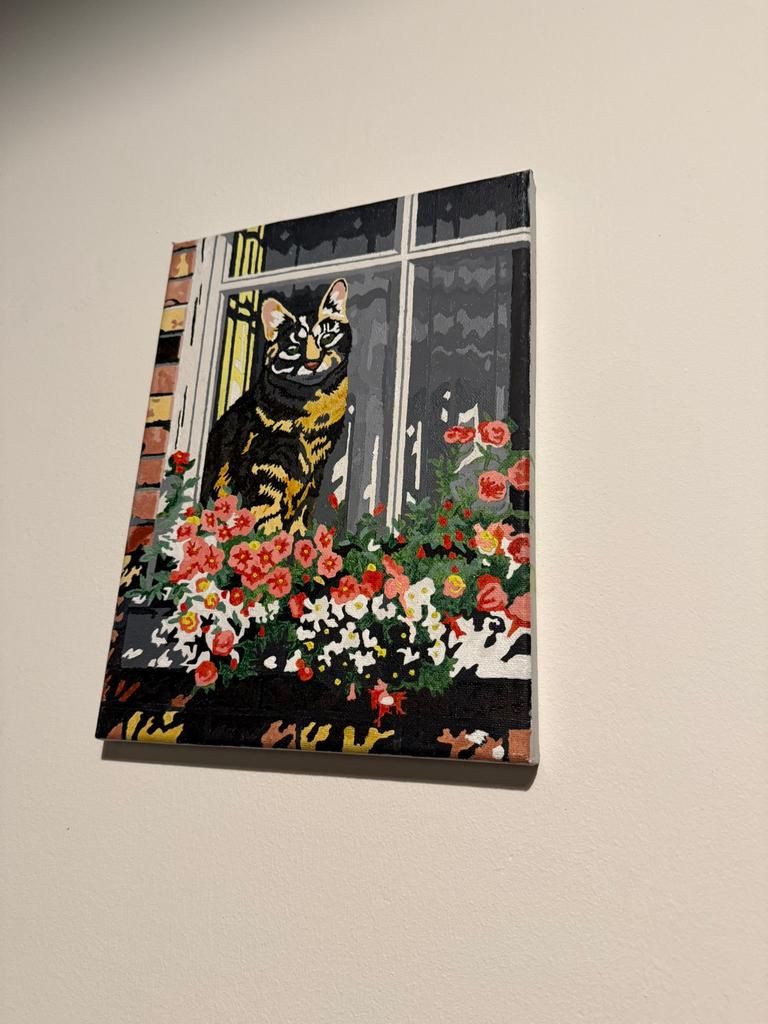 Schilderwerk poes met bloemen 40x30, Antiek en Kunst, Ophalen of Verzenden