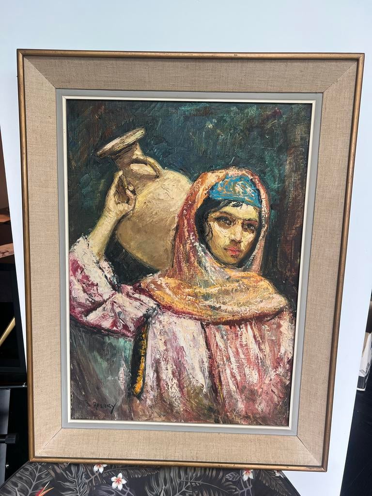 Olieverfschilderij 'Vrouw met kruik' gesigneerd J. Rosary, Ophalen of Verzenden