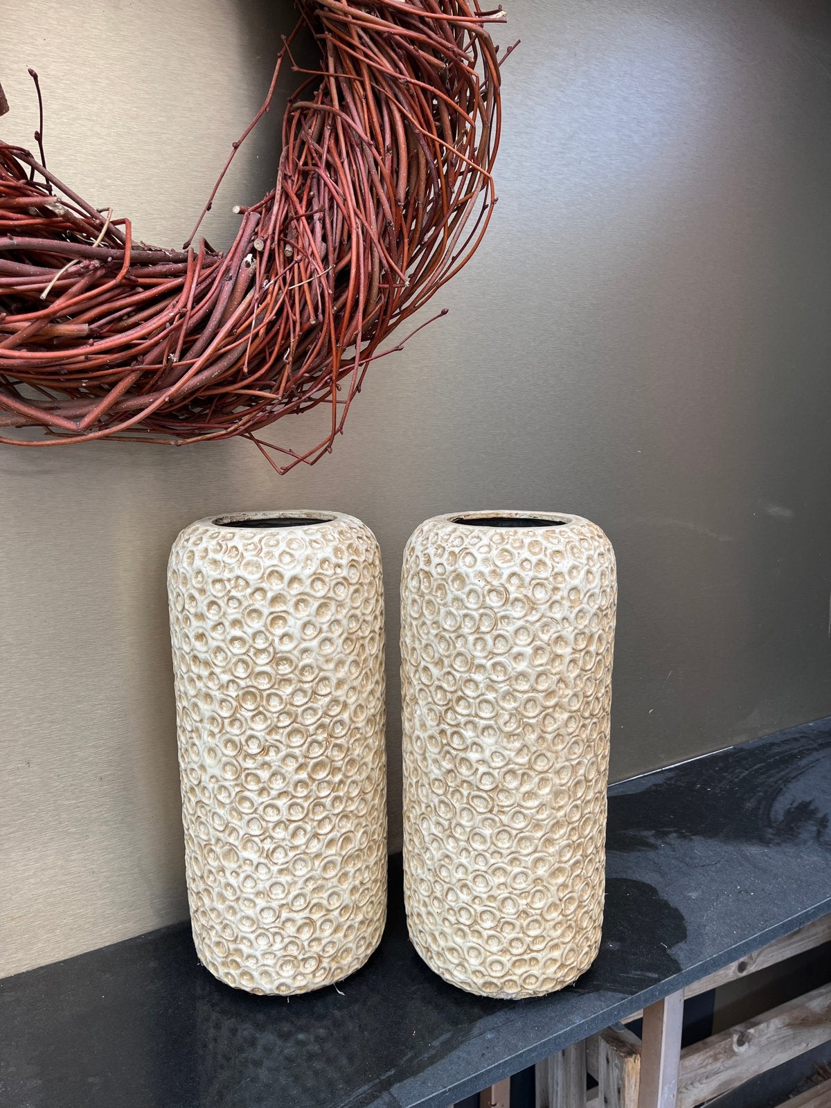 Set van 2 PTM D Collection vazen, beige met structuur, Ophalen, Gebruikt, Met patroon/structuur, Beige