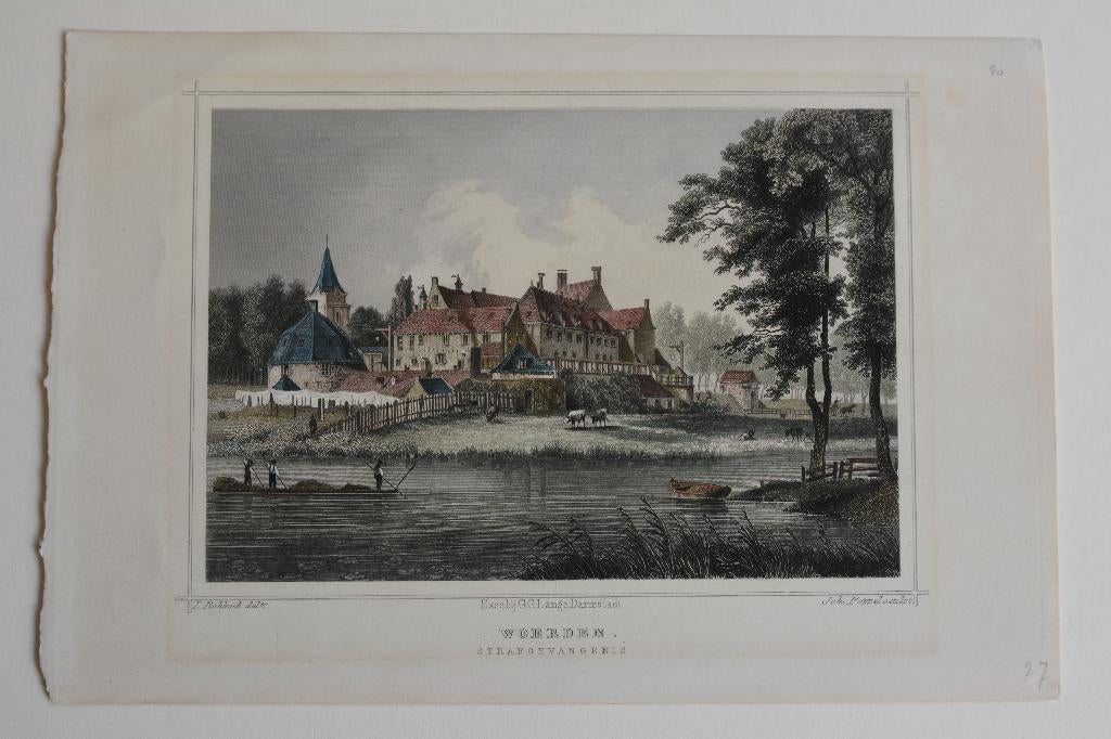 WOERDEN KASTEEL KERK HANDGEKLEURDE Staalgravure Terwen GS5, 1800 - 1899, Verzenden, Stadsgezicht, Gravure