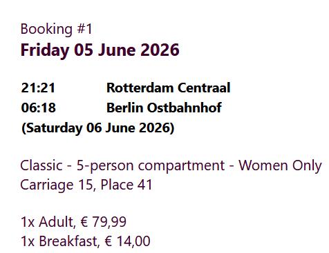 Nachttrein Rotterdam-Berlijn, 5-6 juni (1 kaartje, vrouw), Tickets en Kaartjes, Trein, Bus en Vliegtuig, Eén persoon, Trein, Buitenland