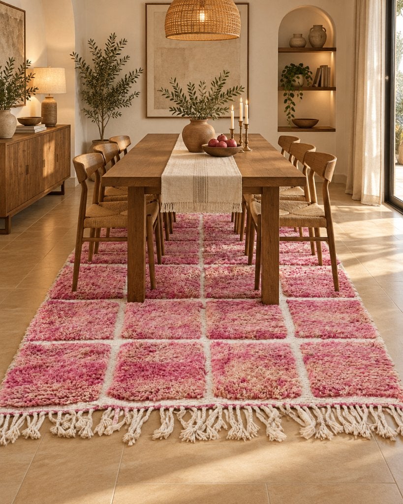 Roze wollen vloerkleed 150x250 - handgemaakt Marokkaans, Info@maroccarpets.nl, 150 tot 200 cm, Ophalen of Verzenden, Crème