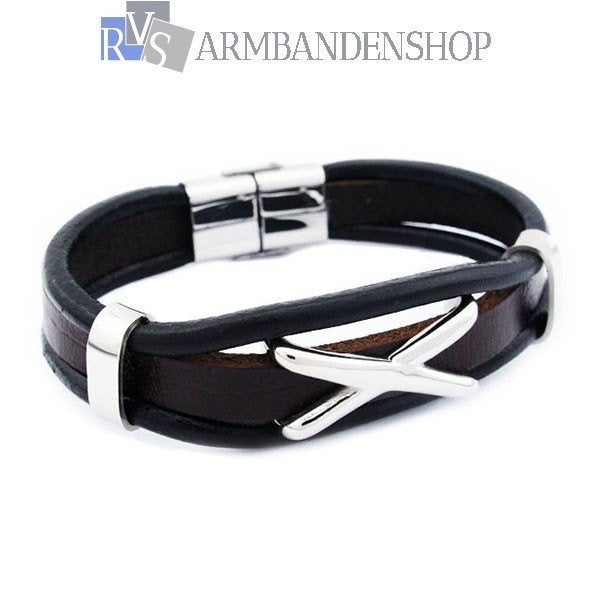 Zwarte met donker bruin leren armband en rvs edelstaal., Verzenden, Nieuw, Bruin, Leer