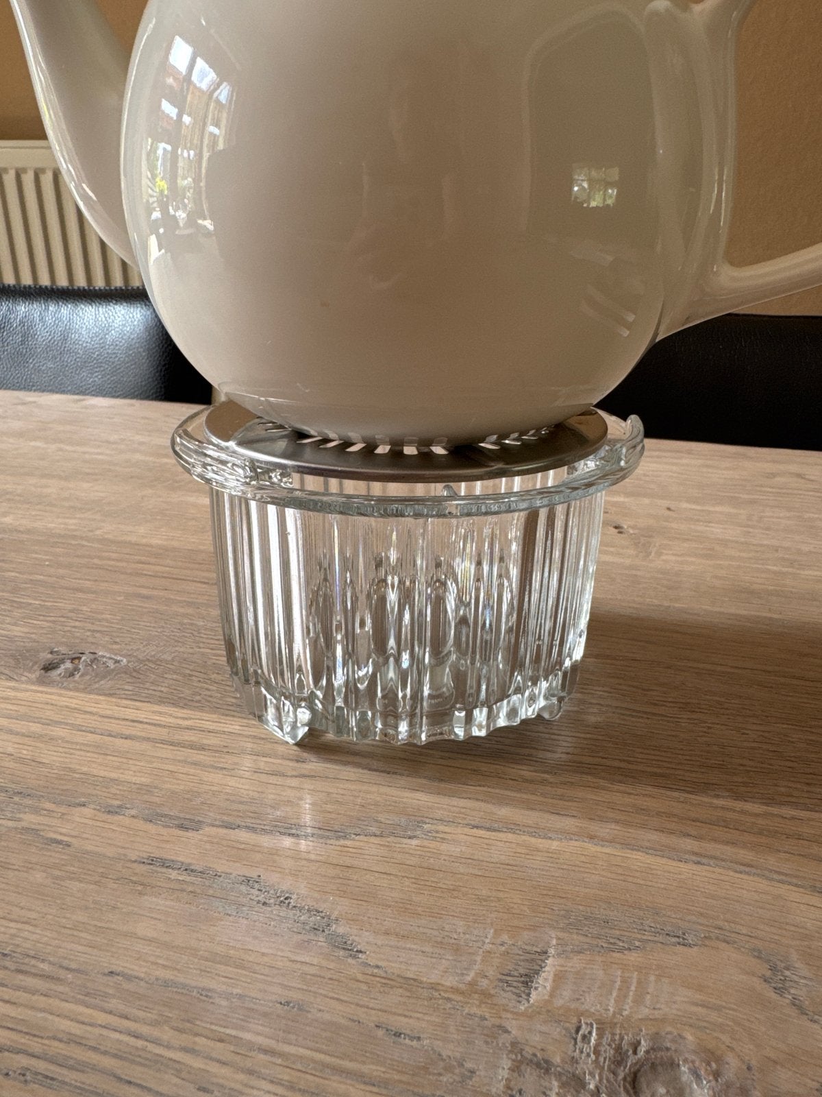 Douwe Egberts Theepotwarmer / Theelicht van glas en metaal, Overige typen, Ophalen of Verzenden, Gebruikt, Glas