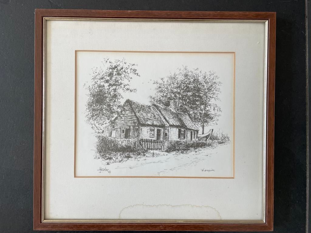 Pentekening Waspik 1979, Antiek en Kunst, Kunst | Etsen en Gravures, Ophalen, Stadsgezicht, 1950 - 1999