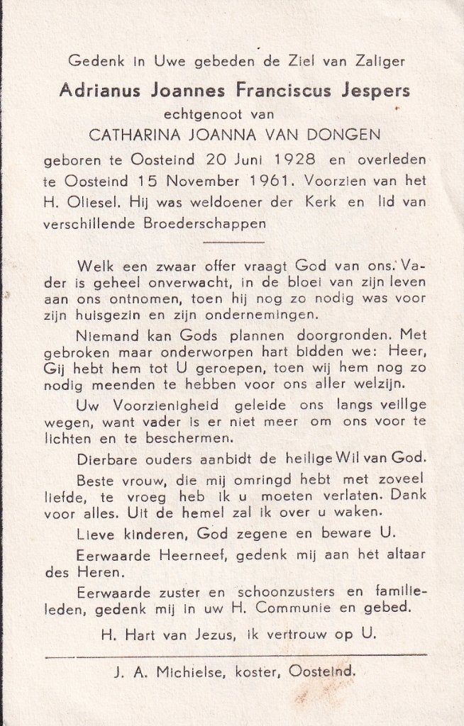 Jespers Adrianus 1928 Oosteind 1961, Ophalen of Verzenden, Bidprentje