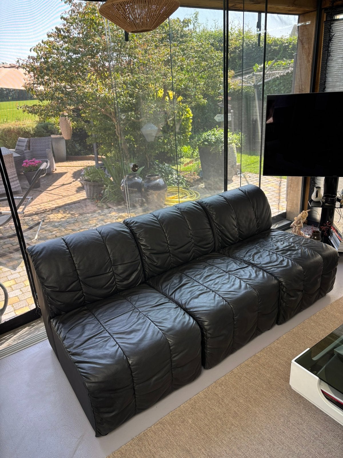 Luxe modulaire leren designbank – Zwart | 3 losse elementen, Ophalen, 150 tot 200 cm, Rechte bank, Driepersoons