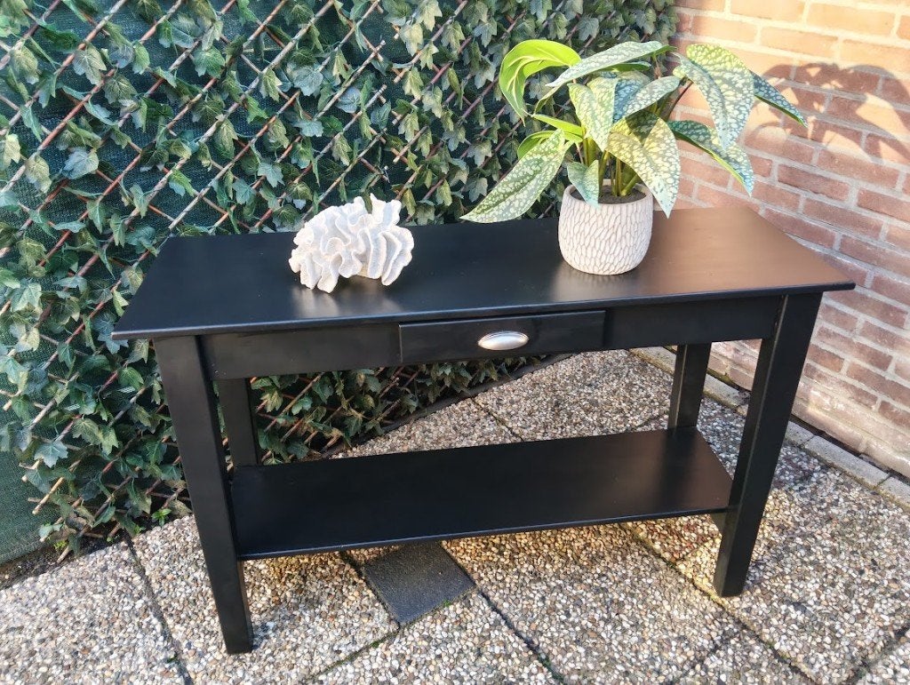 Zwarte sidetable met lade, Ophalen, Gebruikt, 100 tot 150 cm, 25 tot 50 cm